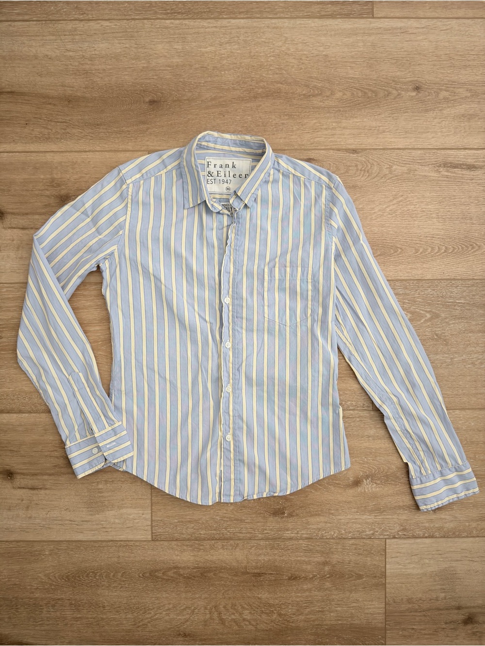 Frank & Eileen Barry Cotton Blue Yellow Stripe Button-Down Long Sleeve Shirt XS